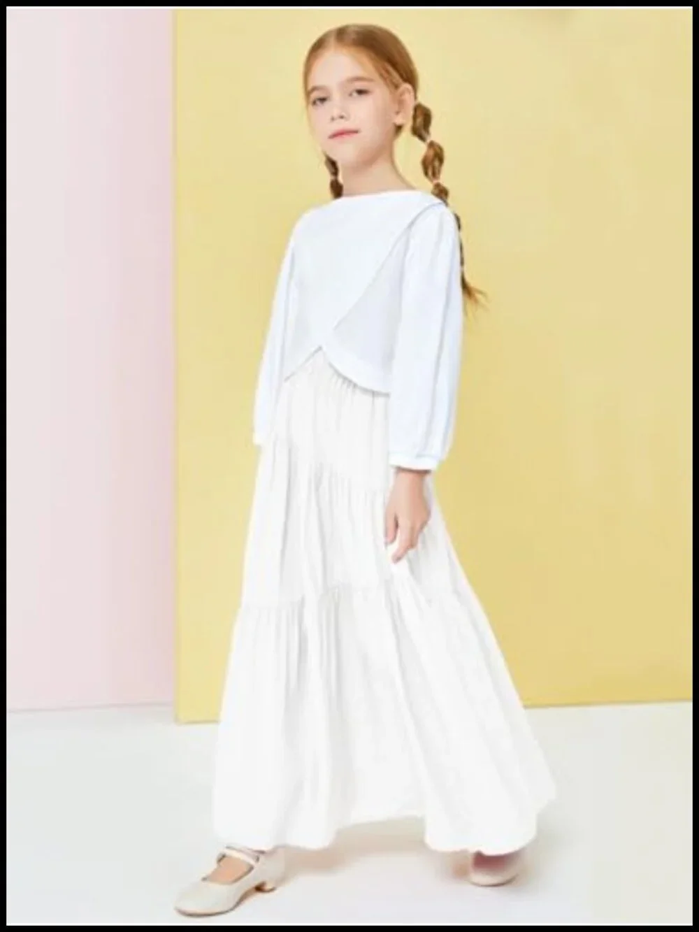 Girls Elastic Waist Maxi Skirt Tiered Pleated A-Line with Pockets